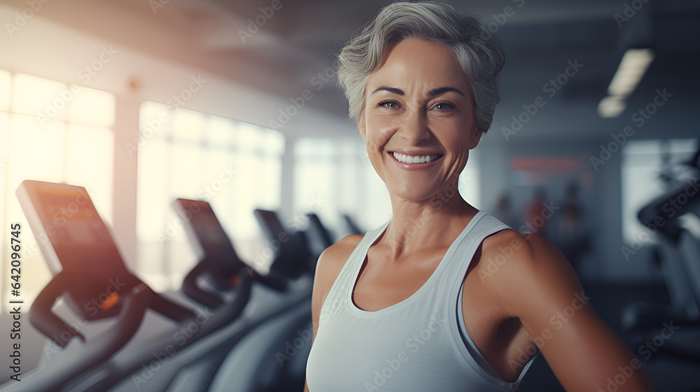 Obraz premium Senior woman with short gray hair fitness trainer smiling and looking at the camera on the background of the gym. The concept of a healthy lifestyle and sports. top mockup gray sportswear top