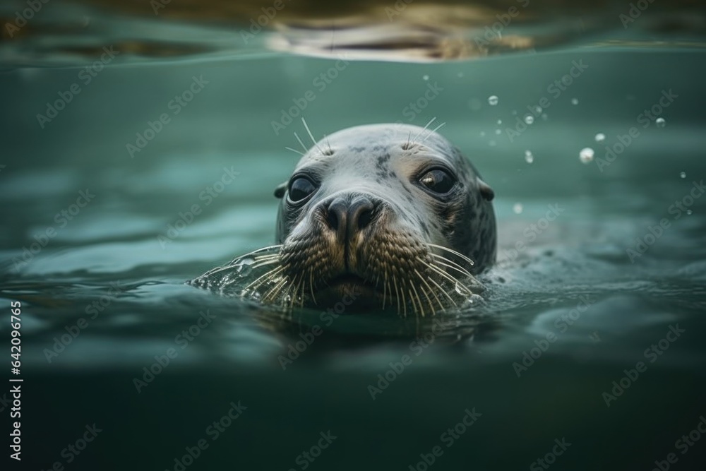 Fototapeta premium Antarctic fur seal pups (Arctocephalus gazella), playing underwater in Stromness Harbor, South Georgia, South Atlantic, Polar Regions