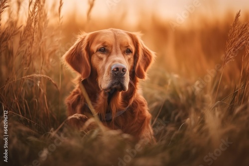 A gorgeous Golden Retriever dog, posing for portrait in nature.