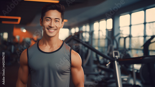  Muscular asian man in sportswear  fitness trainer smiling and looking at the camera on the background of the gym. The concept of a healthy lifestyle and sports.