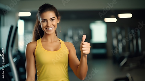 Portrait of happy athletic woman showing thumb up, smiling and looking at camera on gym background with copy space. yellow sportswear. Personal trainer. The concept of a healthy lifestyle and sports.