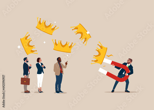 Narcissism businessman using magnet to magnetize crowns. Extreme self involvement, proud attitude. Vector illustration