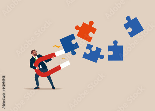 Businessman using magnet to magnetize jigsaw puzzle elements. Teamwork and unity. Business concept. Flat modern vector illustration