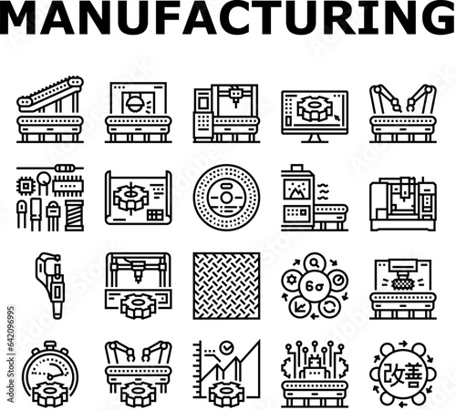 manufacturing industry factory icons set vector. production machine, engineer robot construction technology, plant business equipment manufacturing industry factory black contour illustrations