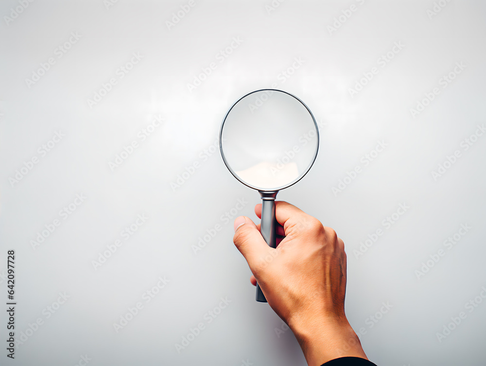 Holding a magnifying glass in hand, exploring and discovering concepts,gray background Holding a magnifying glass in hand, exploring and discovering concepts,gray background