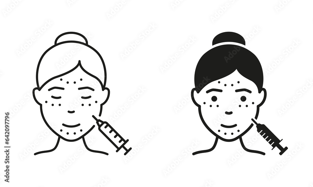 Injection for Facial Wrinkles Pictogram. Mesotherapy, Acid and Filler Symbol Collection. Anti-Aging Skin Care Procedure for Women Line and Silhouette Black Icon Set. Isolated Vector Illustration Injection for Facial Wrinkles Pictogram. Mesotherapy, Acid and Filler Symbol Collection. Anti-Aging Skin Care Procedure for Women Line and Silhouette Black Icon Set. Isolated Vector Illustration