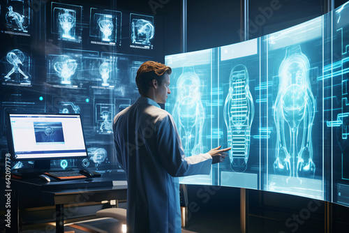hospital of the future, a dedicated doctor is seamlessly working alongside advanced medical technology and artificial intelligence vital signs displayed on high-tech monitors