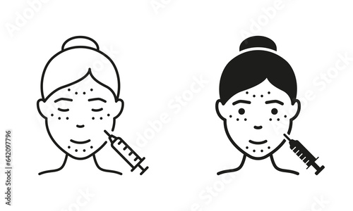 Injection for Facial Wrinkles Pictogram. Mesotherapy, Acid and Filler Symbol Collection. Anti-Aging Skin Care Procedure for Women Line and Silhouette Black Icon Set. Isolated Vector Illustration