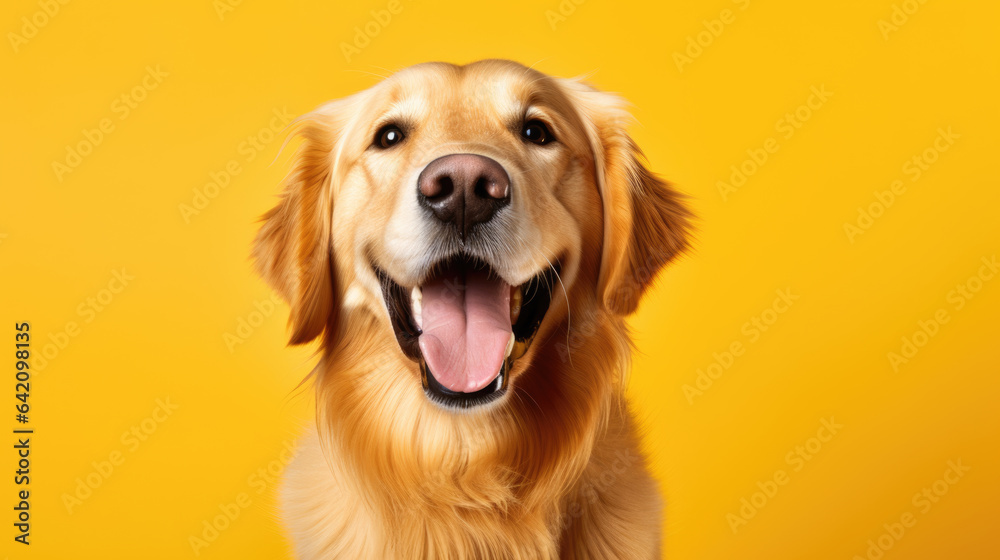 Happy smiling dog isolated on yellow background. Happy smiling dog isolated on yellow background.