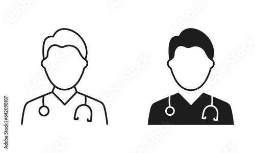 Medical Specialist Symbol Collection. Professional Doctor with Stethoscope Line and Silhouette Black Icon Set. Male Physicians, Medic Assistant Pictogram. Isolated Vector Illustration