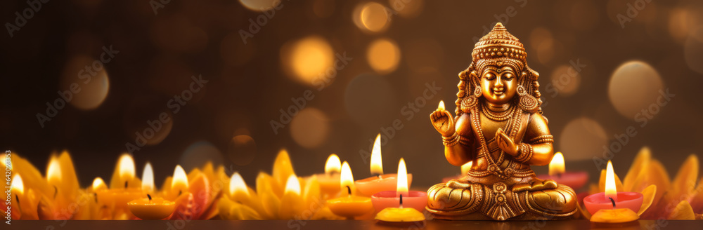 Diwali background with golden Lakshmi statue and blurry lights. Concept.