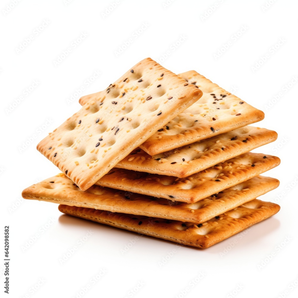 Golden crispy crackers on the white background. Generative AI. Golden crispy crackers on the white background. Generative AI.