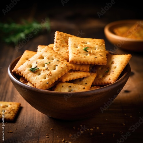 Crispy crackers in a bowl on a wooden table. Generative AI.