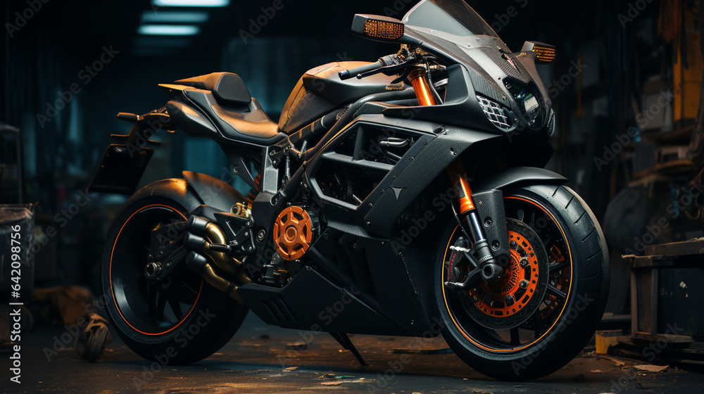 Black motorcycle in garage. Black motorcycle in garage.