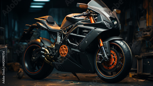 Black motorcycle in garage.