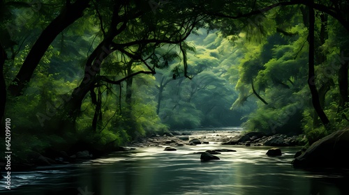 A lush green forest with a river flowing in its middle 