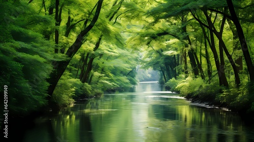 A lush green forest with a river flowing in its middle 