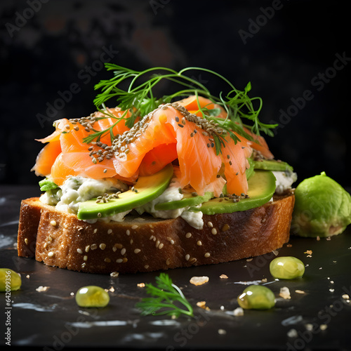 Salmon sandwich with avocado on a dark background