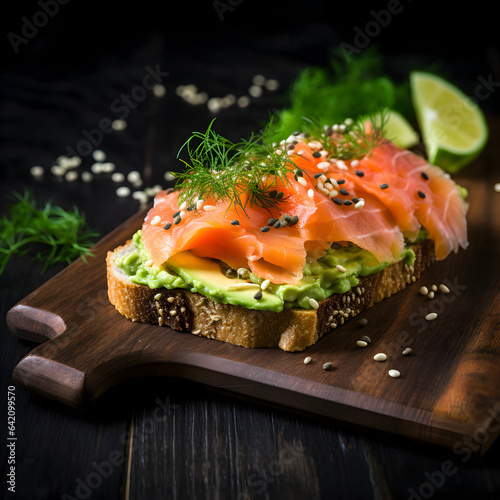 Salmon sandwich with avocado on a dark background