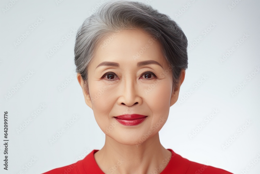 Portrait of Senior Gray Haired Asian Woman with Bright Red Lipstick on Lips and Wearing Red Clothes. Portrait of Senior Gray Haired Asian Woman with Bright Red Lipstick on Lips and Wearing Red Clothes.