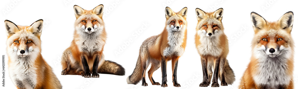 Set of Red Fox illustration isolated on white transparent background, PNG , Generative AI