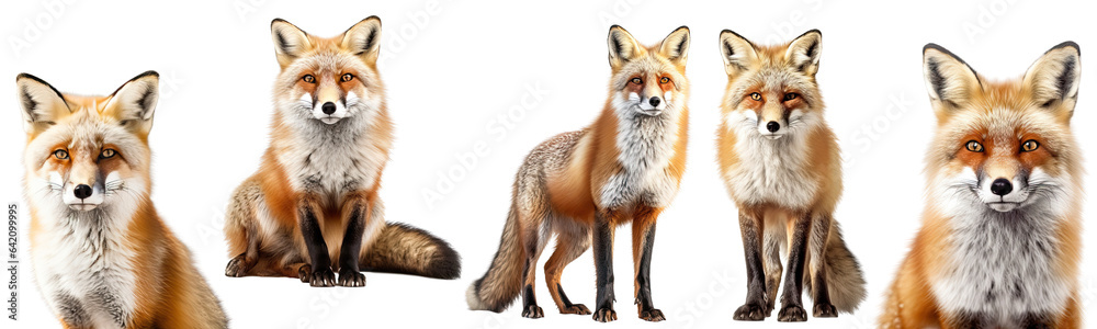 Fototapeta premium Set of Red Fox illustration isolated on white transparent background, PNG , Generative AI