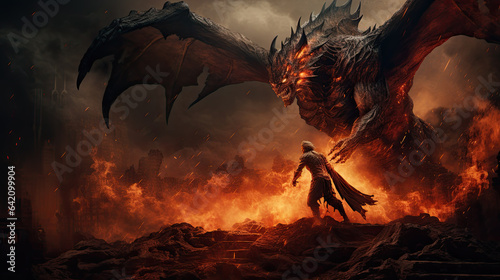 a warrior fights a dragon that breathes fire