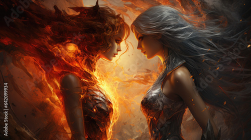 a warrior confronts a fire witch
