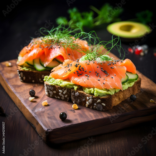 Two salmon sandwiches with avocado on a dark background