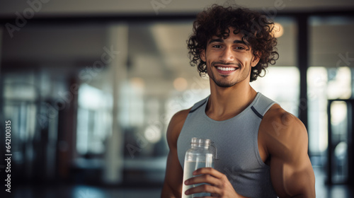 Athletic man holding a water bottle in the background of the gym