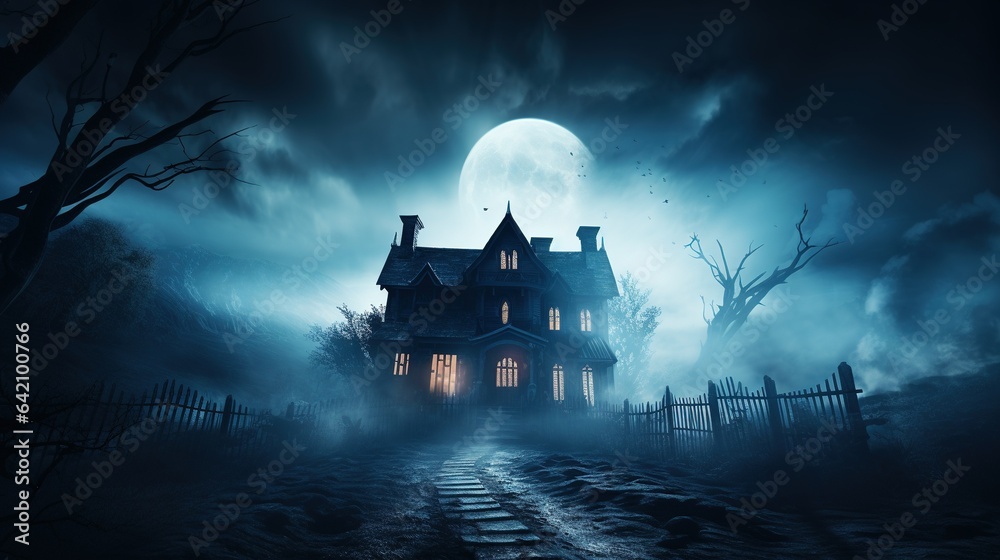 Dark haunted house with illuminated windows at spooky misty dark halloween night generative AI