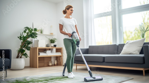 Woman housewife cleans her house with a vacuum cleaner