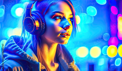 A teenage girl wearing on ear headphones and listening music on a colorful neon bokeh background.Generative AI