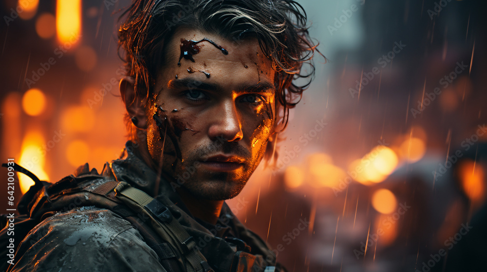 Portrait of soldier against city in war.