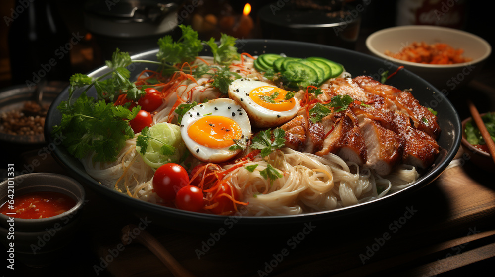 Noodles and chicken fillet slices. Noodles and chicken fillet slices.
