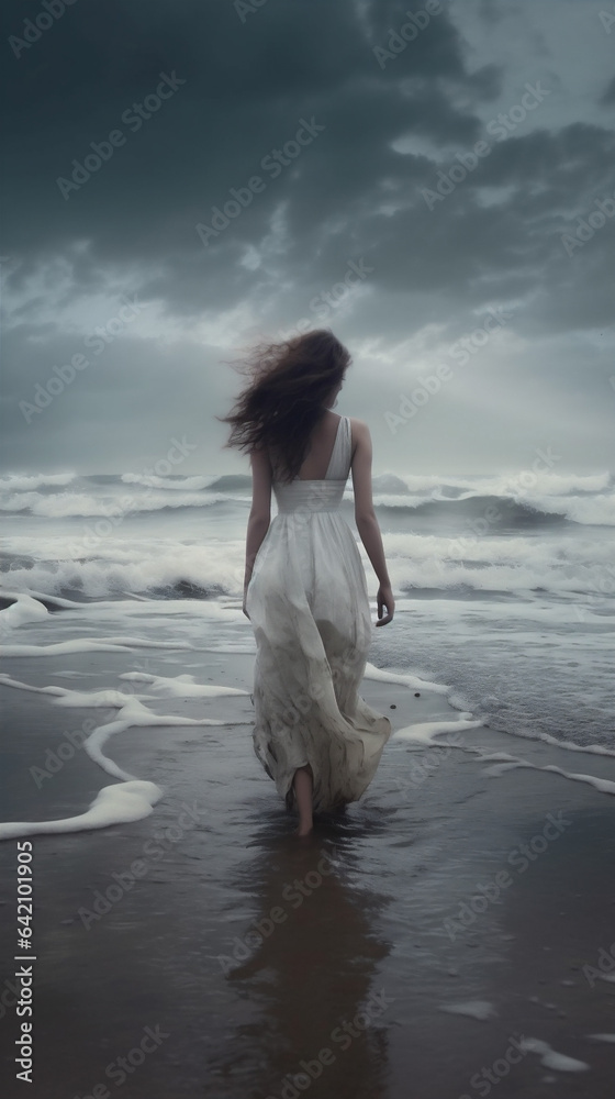 sea woman ocean sunlight storm summer sky beach nature cloud dress. Generative AI. sea woman ocean sunlight storm summer sky beach nature cloud dress. Generative AI.