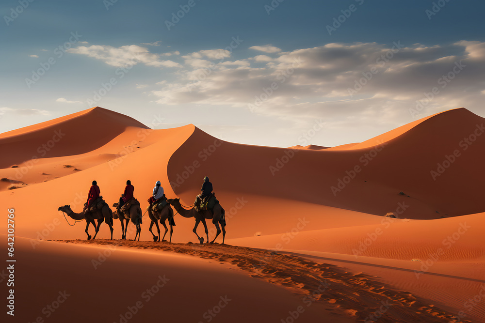 Fototapeta premium people riding camels on a sand dune in the desert