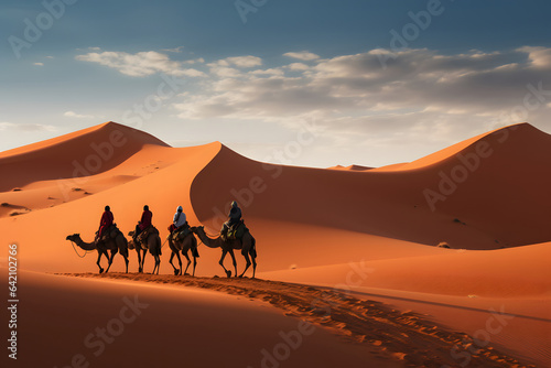 people riding camels on a sand dune in the desert