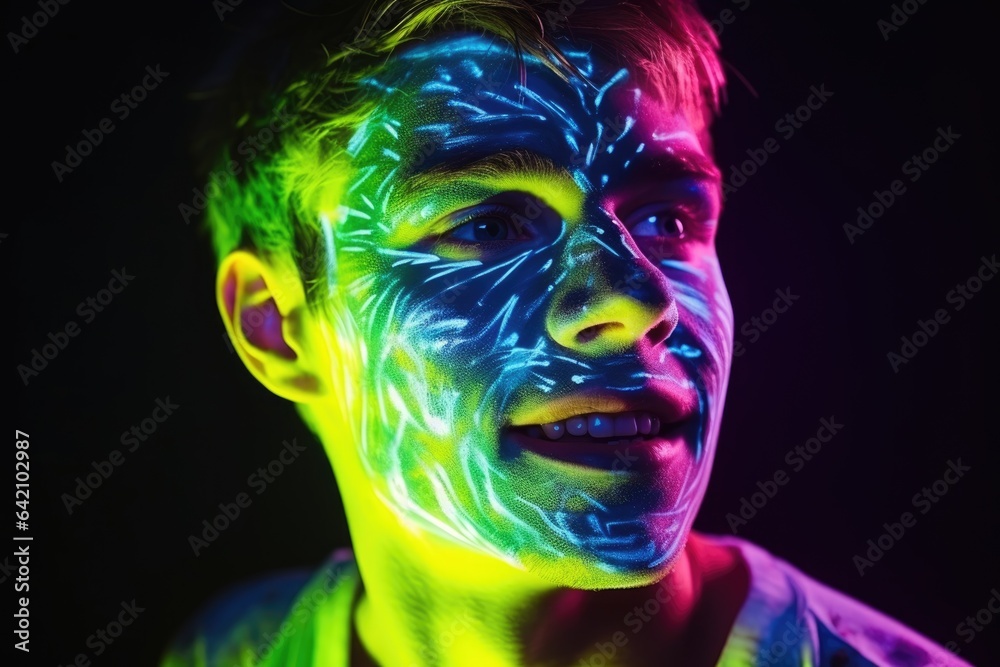 Handsome boy dancing at the party with fluorescent paint