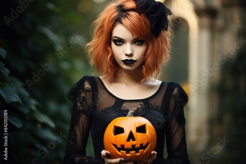 Beautiful flirty model goth girl holding a halloween pumpkin on cemetery background
