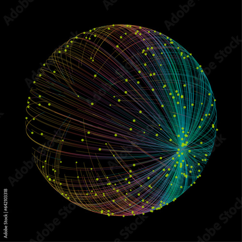 Futuristic vector sphere composed of particles and connecting lines, representing network connections and big data in an abstract technological background.