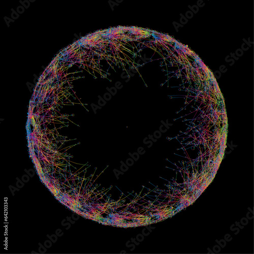Futuristic vector sphere composed of particles and connecting lines, representing network connections and big data in an abstract technological background.