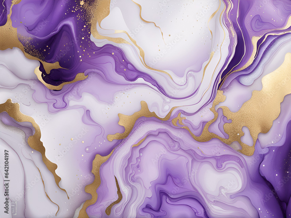 Abstract purple and gold marble alcohol ink background.