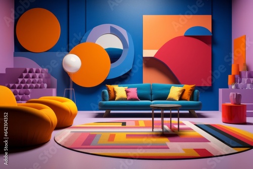 Bold contemporary design modern pop art interior with blue and orange. Vintage retro home concept