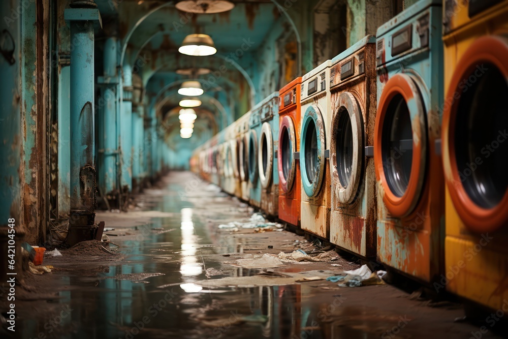 an empty abandoned industrial building with a row of rusty washing machines. industrial washing machines, abandoned dirty and damp area. Rust damaged the surfaces of walls and washing machines