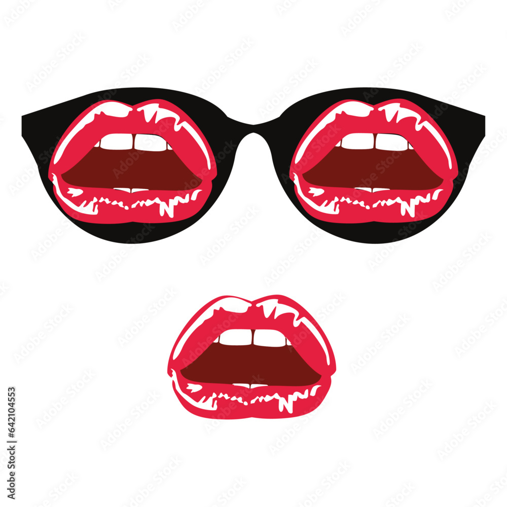 T-shirt design of black glasses with sensual mouths. Surreal style vector illustration T-shirt design of black glasses with sensual mouths. Surreal style vector illustration