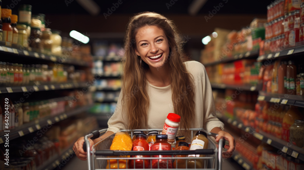 Woman with grocery cart laughs while she buys groceries at supermarket