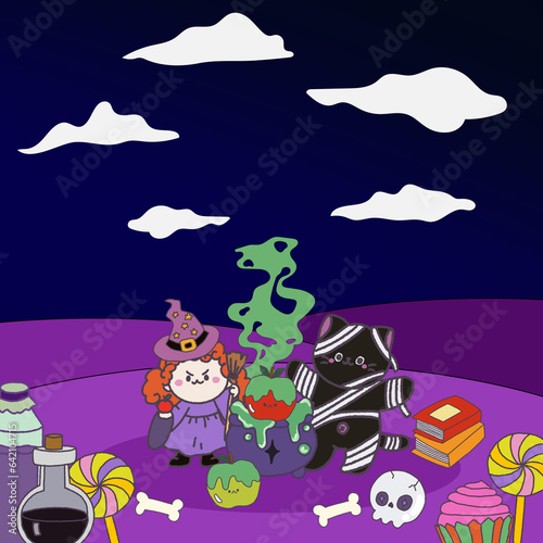 Halloween Witch and witchcraft cartoon drawing illustration doodle elements isolated character for sticker  emotion digital clipart