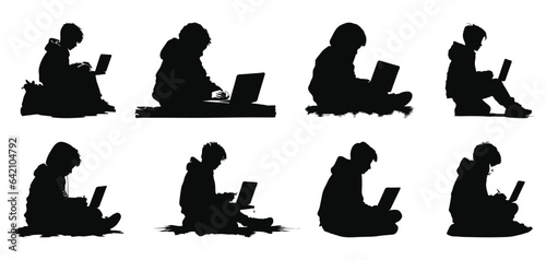 Silhouettes of boys using laptops, digital illustration
