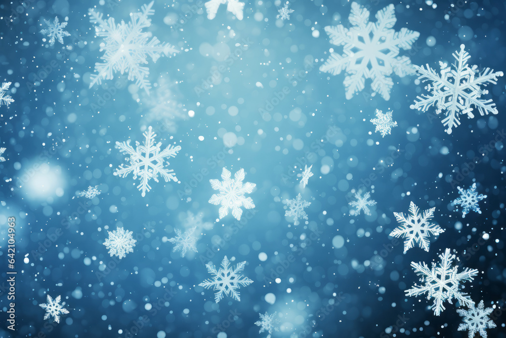 Falling snowflake bliss. holiday season illustration with white snow on blue backdrop